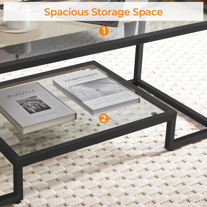 Yaheetech Coffee Table, Tempered Glass Coffee Table, Modern Simple Center Tables w/Geometric-Inspired Design & Metal-Frame & Easy Assembly & Open Storage Shelf for Living Room, Office, Black - Image 5